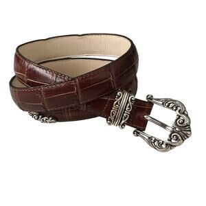 Vintage Brighton Brown Belt Size S 28 Embossed Croc USA 44508 Silver Tone